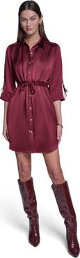 HALSTON 3/4 Sleeve Satin Shirt Dress