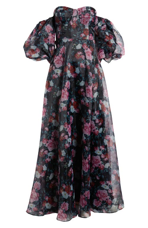 Lulus Flral Bustier Gown In Black/pink/white