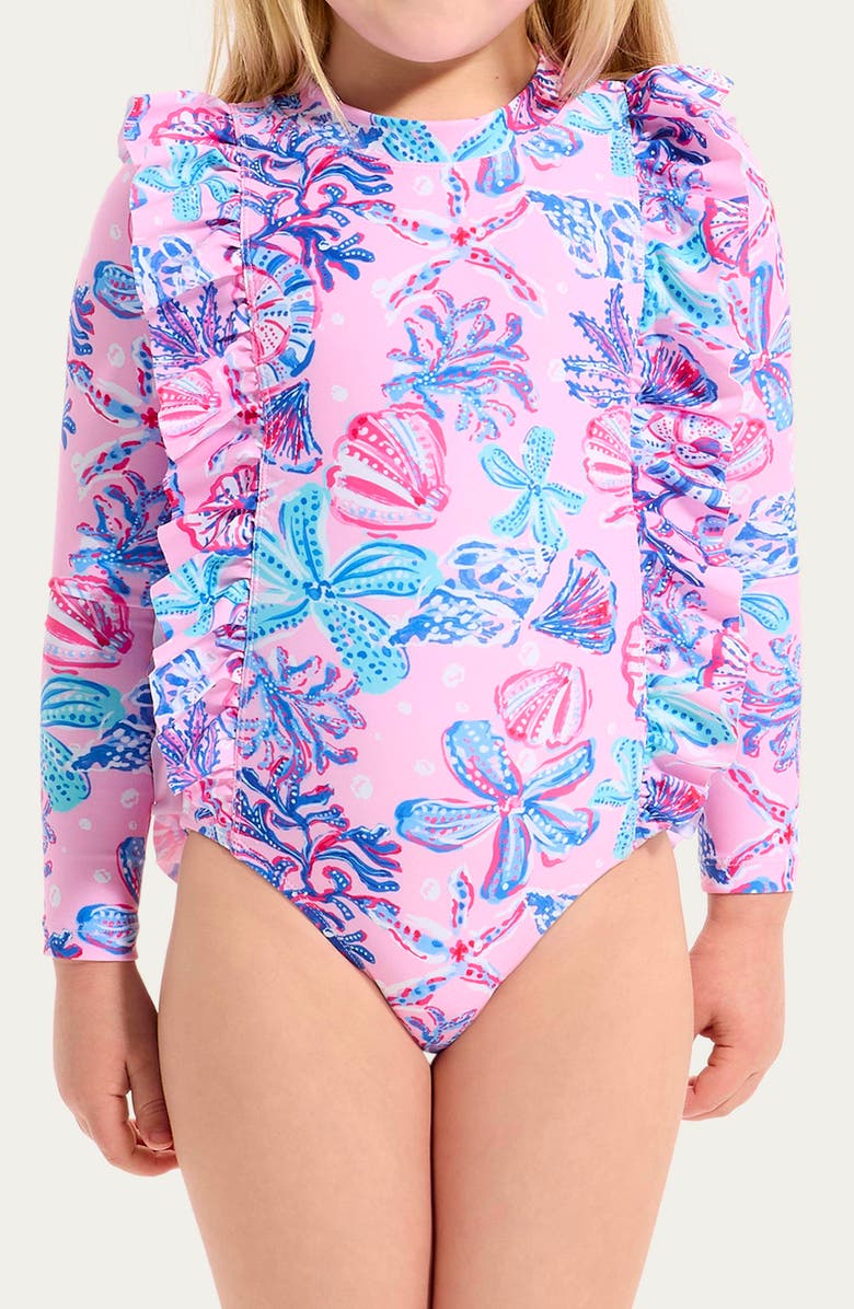 Seafolly Kids' Coral Sea Long Sleeve UPF 50+ One-Piece Rashguard Swimsuit, Alternate, color, 