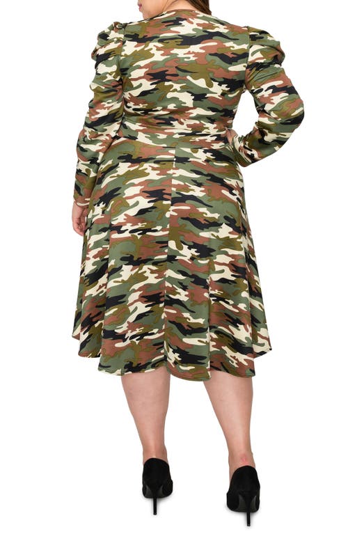 L I V D Statement Shoulder Long Sleeve Stretch Fit & Flare Dress In Camo
