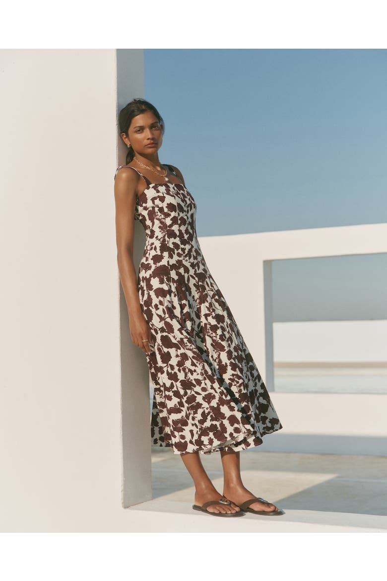 Linen Blend Printed Midi Dress, Alternate, color, Brown