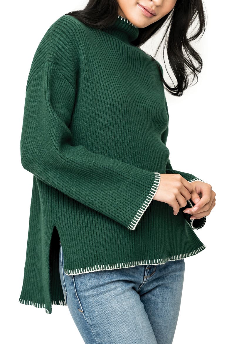 Whipstitch Trim Rib Sweater, Alternate, color, GREEN FOREST IVORY