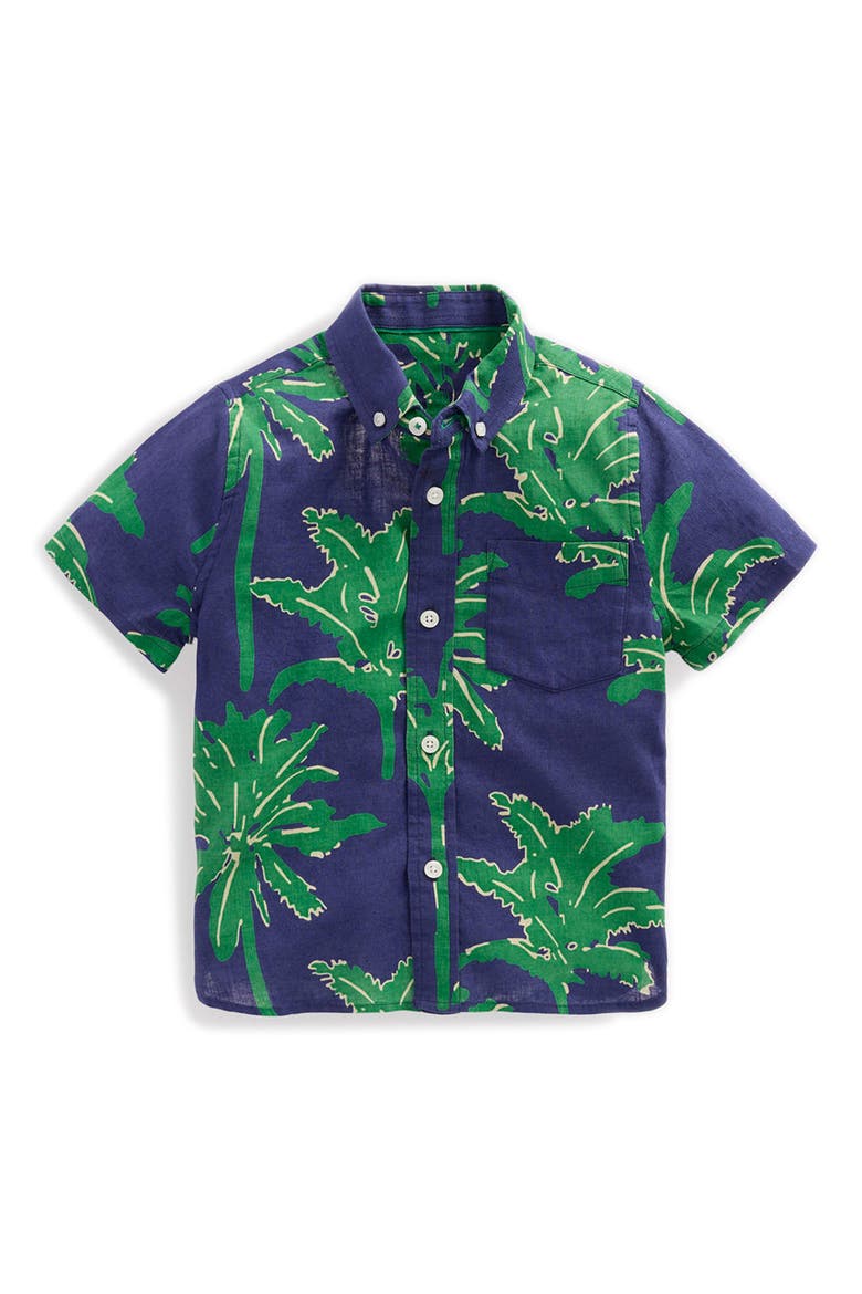Kids' Palm Tree Graphic Cotton & Linen Blend Button-Up Shirt, Main, color, GREEN PALM TREES