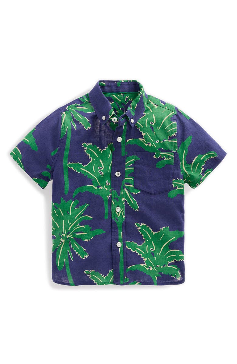Mini Boden Kids' Palm Tree Graphic Cotton & Linen Blend Button-Up Shirt, Main, color, 
