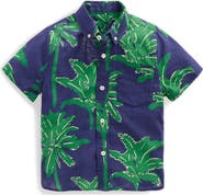Mini Boden Kids' Palm Tree Graphic Cotton & Linen Blend Button-Up Shirt