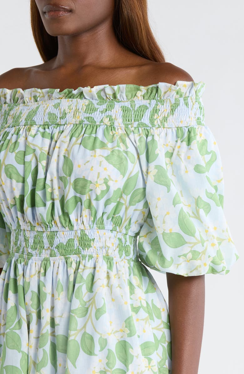 SUGARLIPS Kiany Floral Magna Town Off the Shoulder Cotton Midi Dress, Alternate, color, Light-Blue-Green