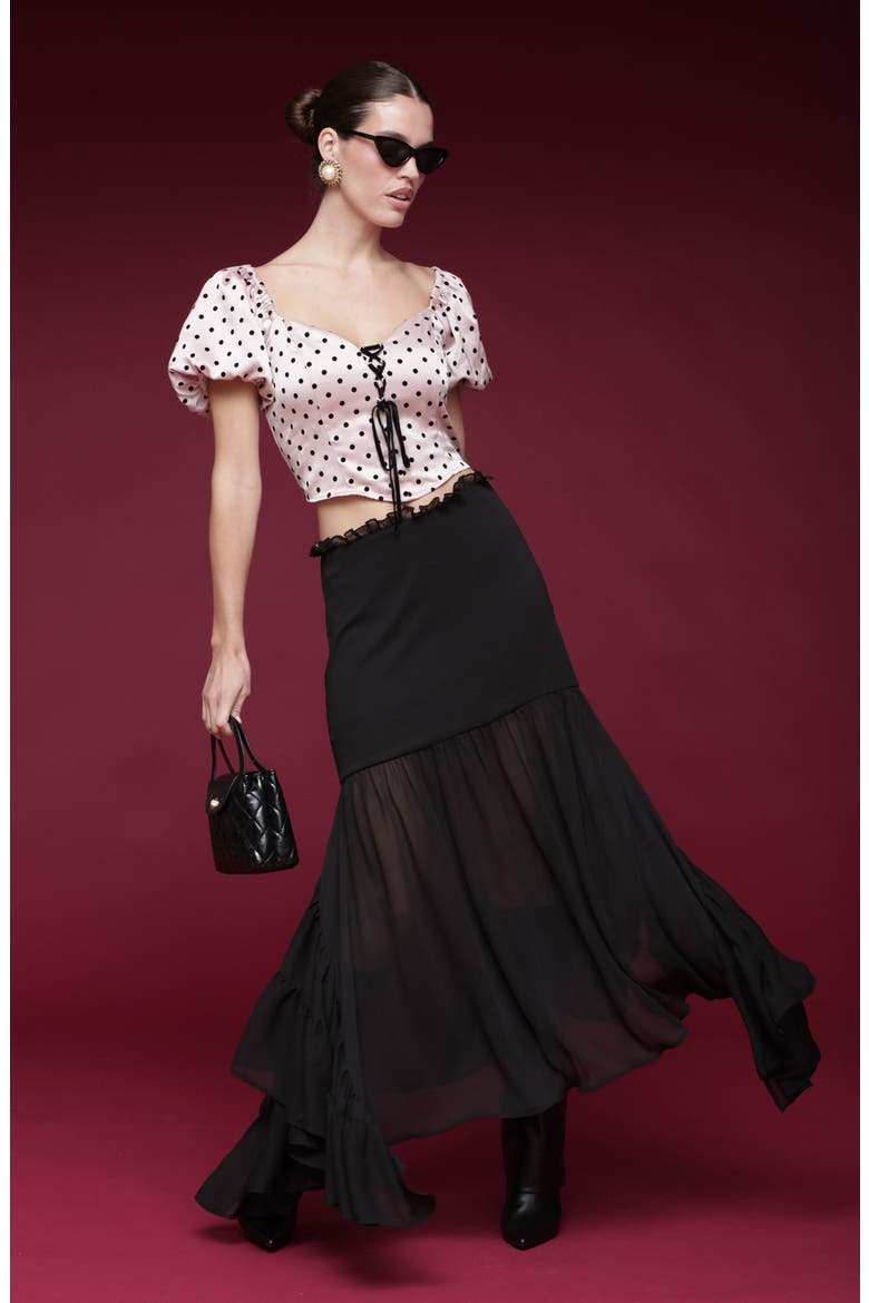 Puff Sleeve Polka Dot Crop Top, Alternate, color, PINK AND BLACK