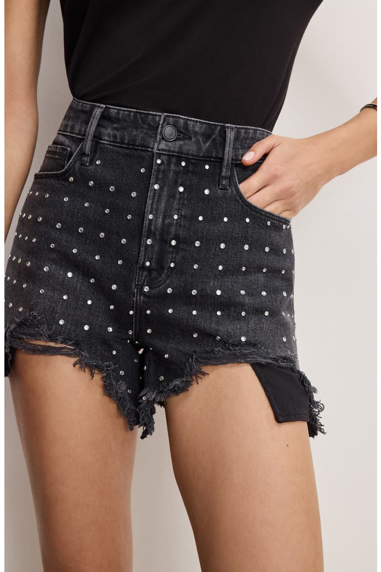 Bombshell Crystal Embellished Destroyed Cutoff Denim Shorts, Alternate, color, BLACK351