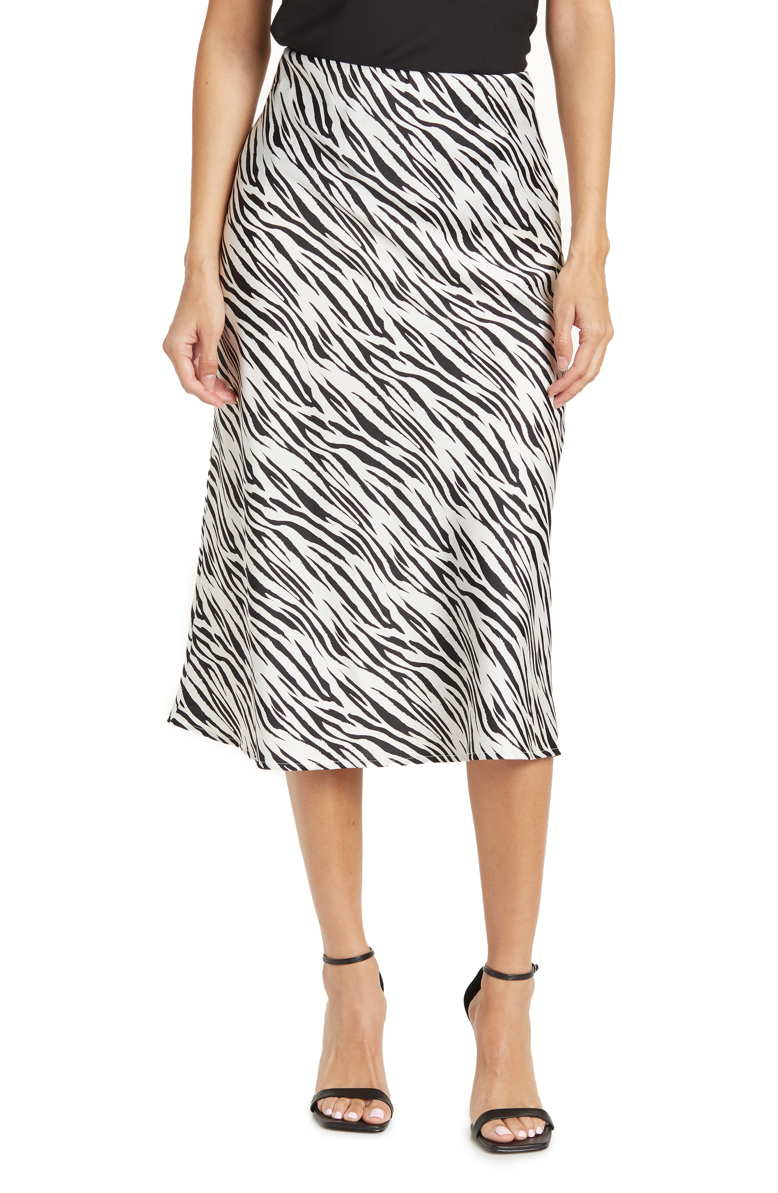 Renee C Satin Zebra Print Midi Skirt