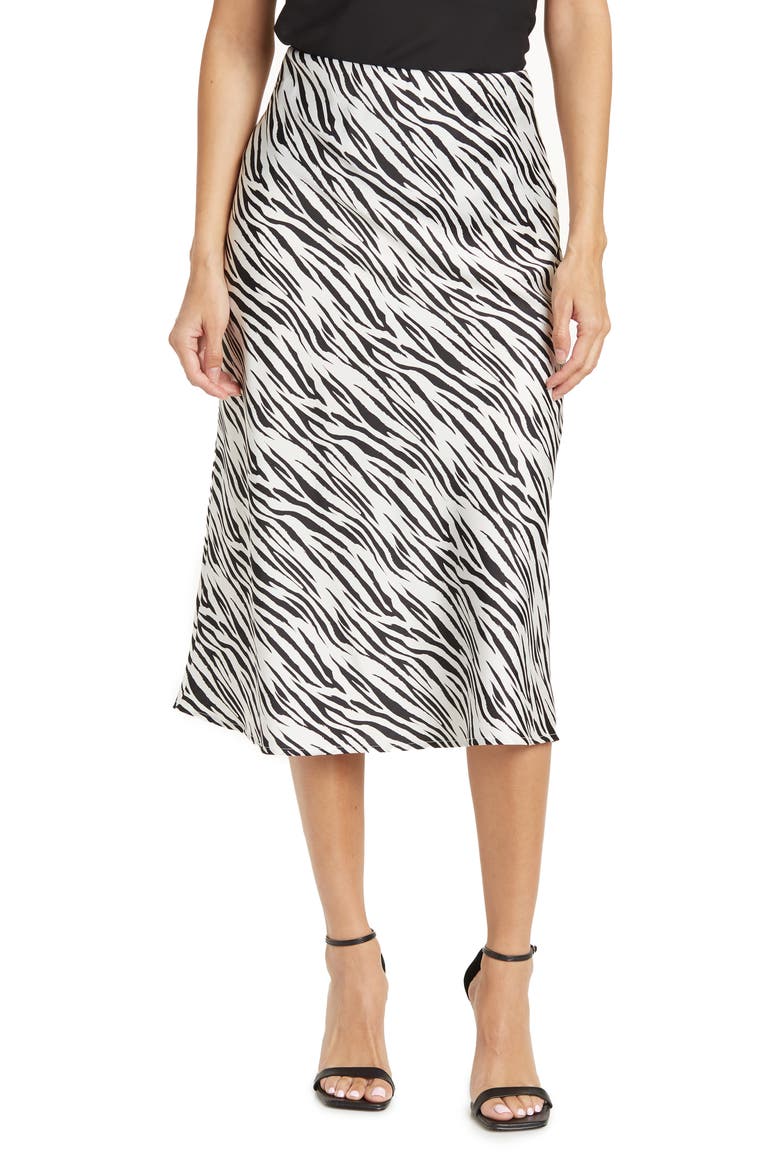 Satin Zebra Print Midi Skirt, Main, color, IVORY
