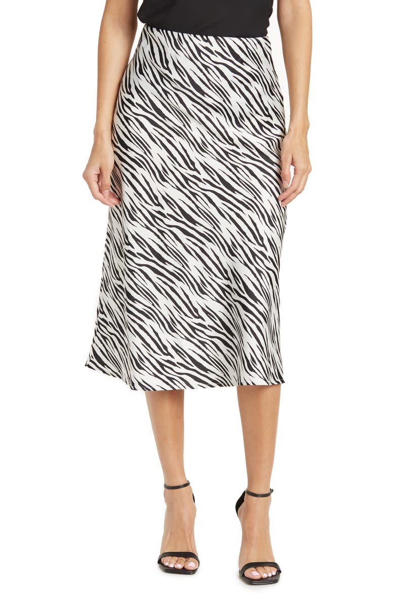 Renee C Satin Zebra Print Midi Skirt, Main, color, Ivory