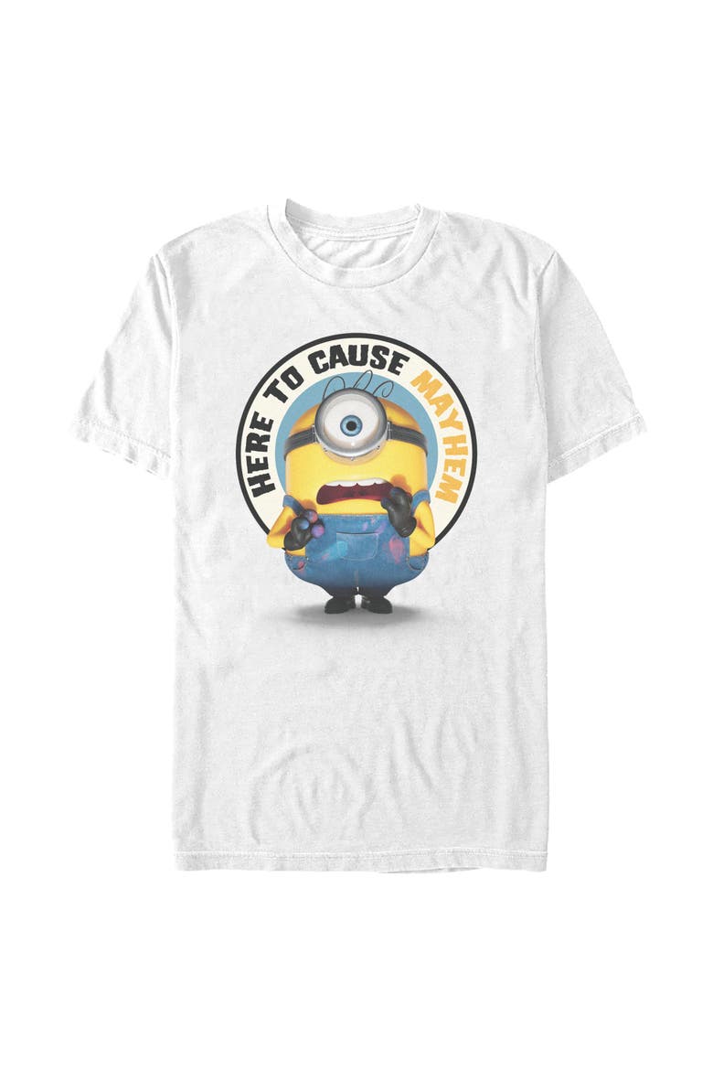 Mens Minions & Monsters Here To Cause Mayhem T Shirt, Main, color, White