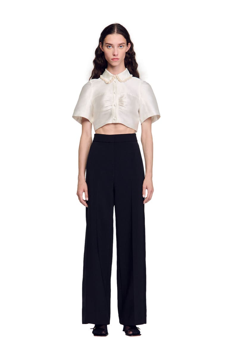 SANDRO Beaded satin-effect cropped shirt, Main, color,