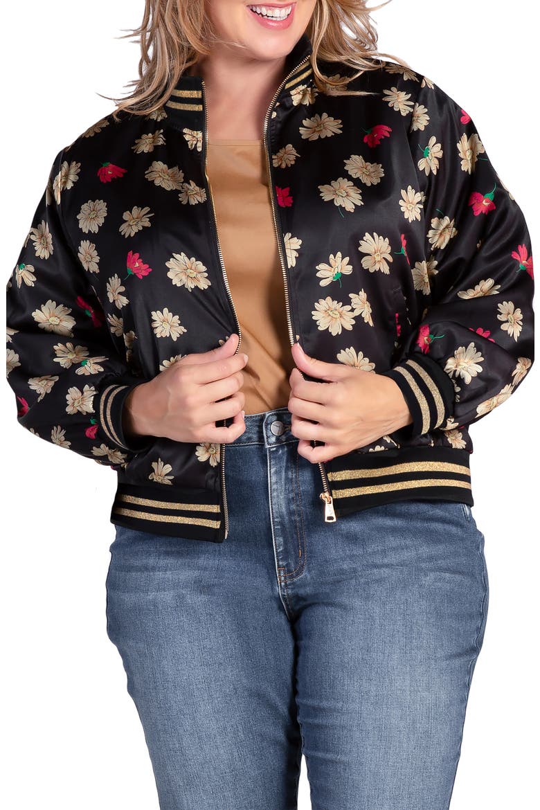 Naos Floral Satin Bomber Jacket, Main, color, BLACK SPARKLER
