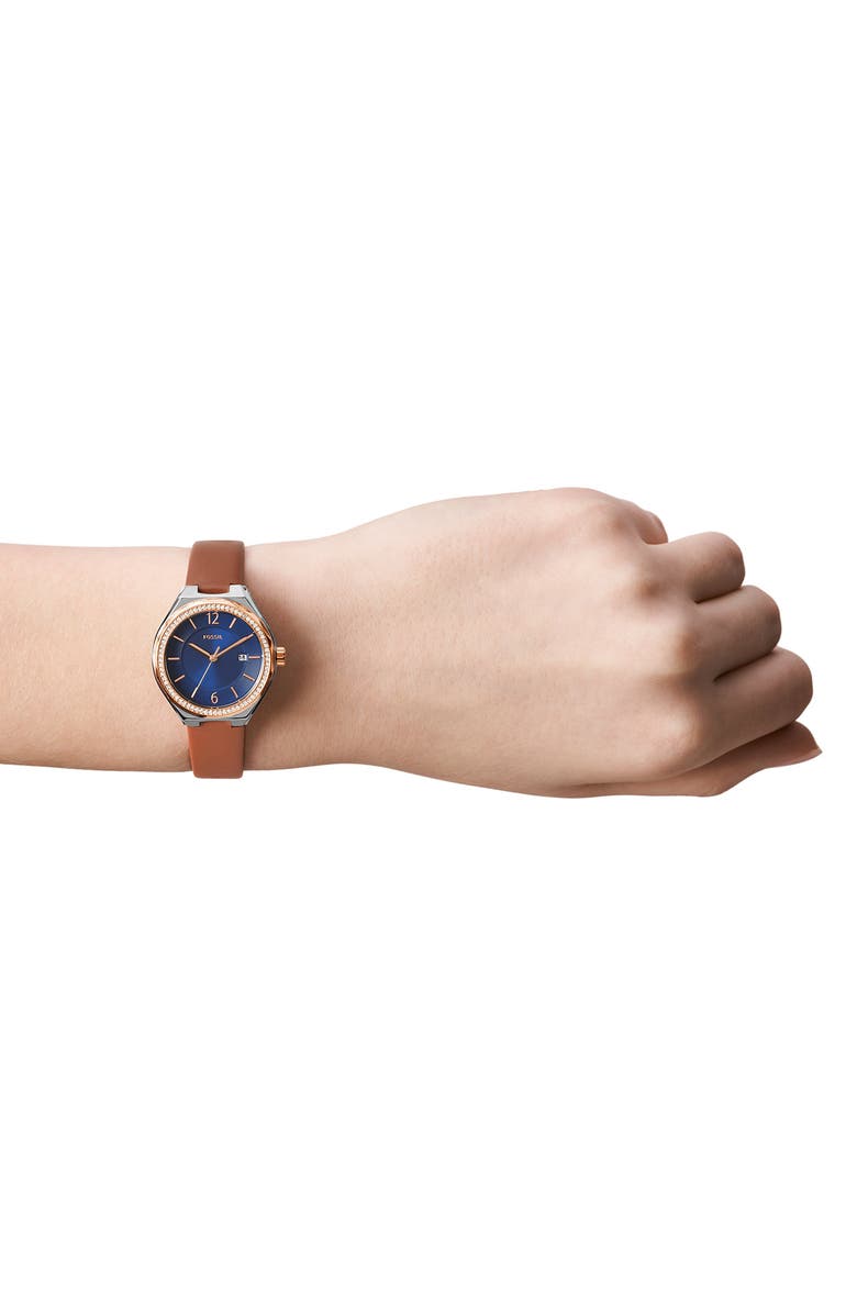 Fossil Eevie Three-Hand Leather Strap Watch, 30mm, Alternate, color, Silver