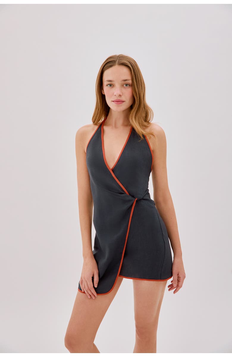 Labeca London Sadie Linen Wrap Mini Dress, Alternate, color, Navy