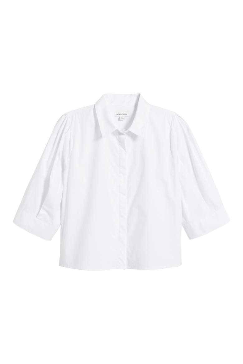 Crop Puff Sleeve Cotton Button-Up Shirt, Alternate, color, WHITE