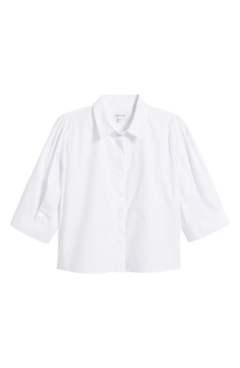 Nordstrom Crop Puff Sleeve Cotton Button-Up Shirt, Alternate, color, White