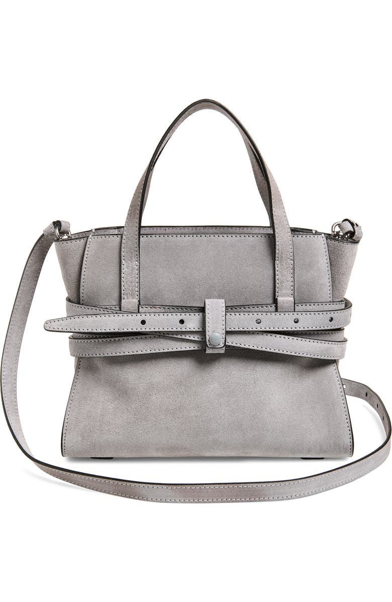 Moschino Tie Me Suede Handbag, Alternate, color, Grey 01A Of0