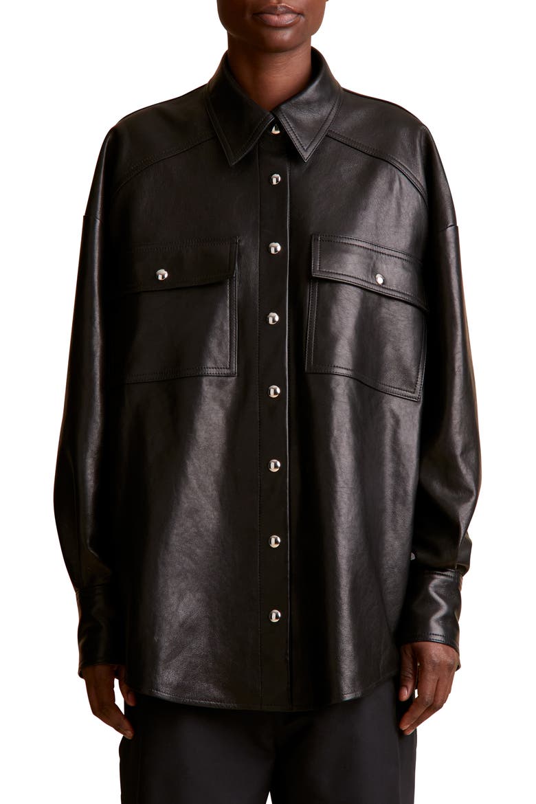 Bea Oversize Leather Snap-Up Shirt, Main, color, 200 BLACK