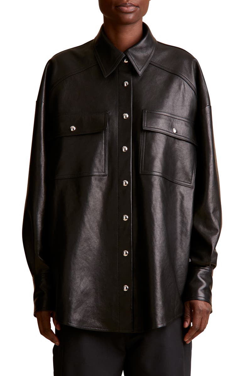 Khaite Bea Oversize Leather Snap-Up Shirt, Main, color, 