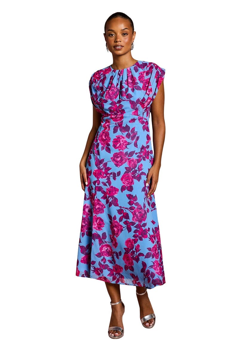 Petite Short Sleeve Chiffon Midi Dress, Main, color, Blue