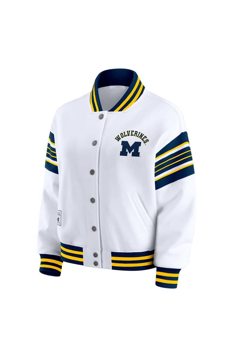 WEAR by Erin Andrews Women's WEAR by Erin Andrews White/Navy Michigan Wolverines Satin Stitch Full-Snap Fleece Sweatshirt Jacket, Alternate, color, White