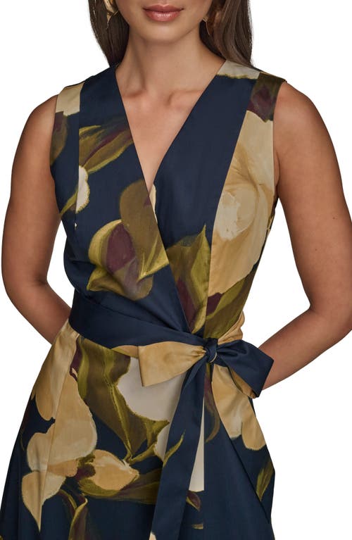 Donna Karan Sleeveless Faux Wrap Midi Dress In Blue