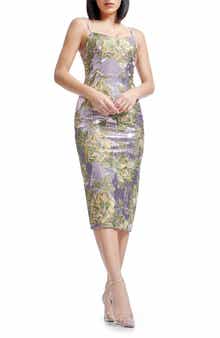 Dress the Population Blakely Sequin Floral Embroidery Body-Con Cocktail Midi Dress