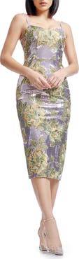 Dress the Population Blakely Sequin Floral Embroidery Body-Con Cocktail Midi Dress