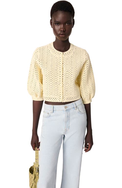 Maje Cropped Rhinestone Crochet Cardigan In Yellow