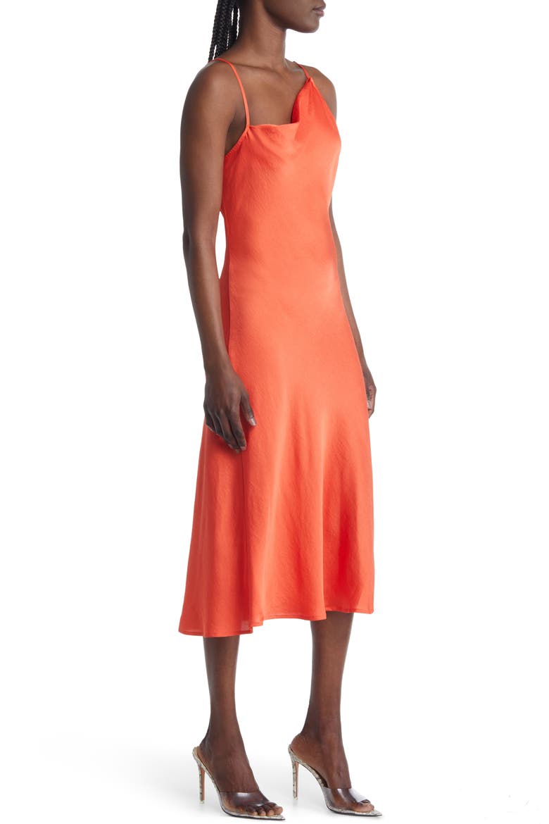 Asymmetrical Neck Satin Dress, Alternate, color, RED MANDARIN