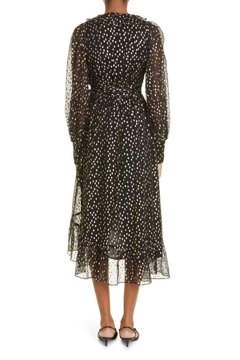 Ruffle Long Sleeve Silk Blend Fil Coupé Wrap Dress, Alternate, color, BLACK