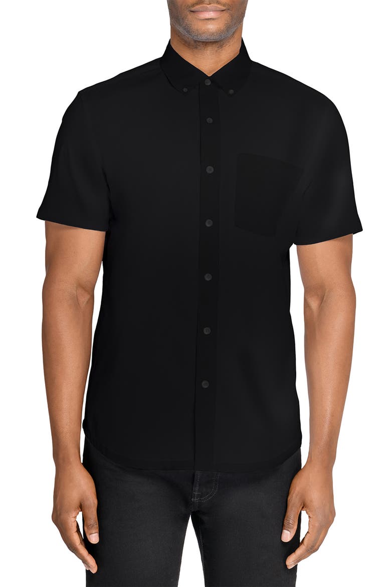 Hudson Reworked Slim Fit Solid Short Sleeve Cotton Button-Up Shirt, Main, color, BLACK