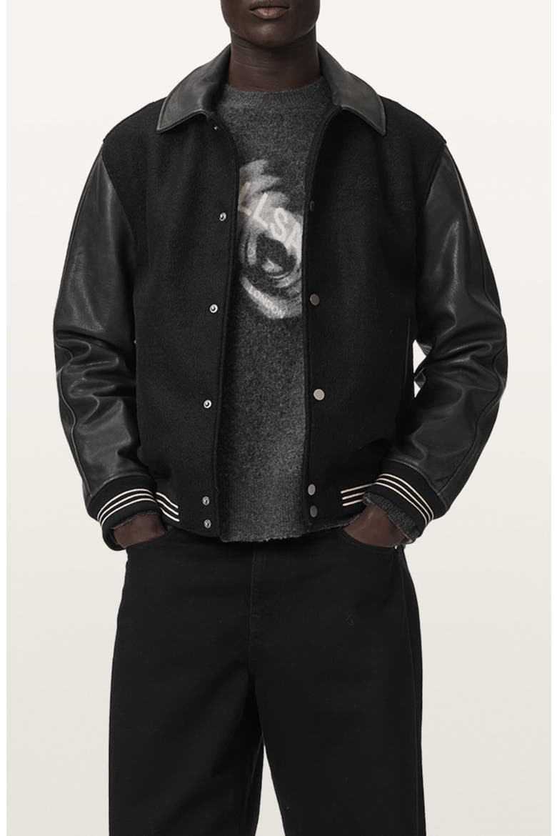 Vanson Wool & Leather Bomber Jacket, Main, color, BLACK