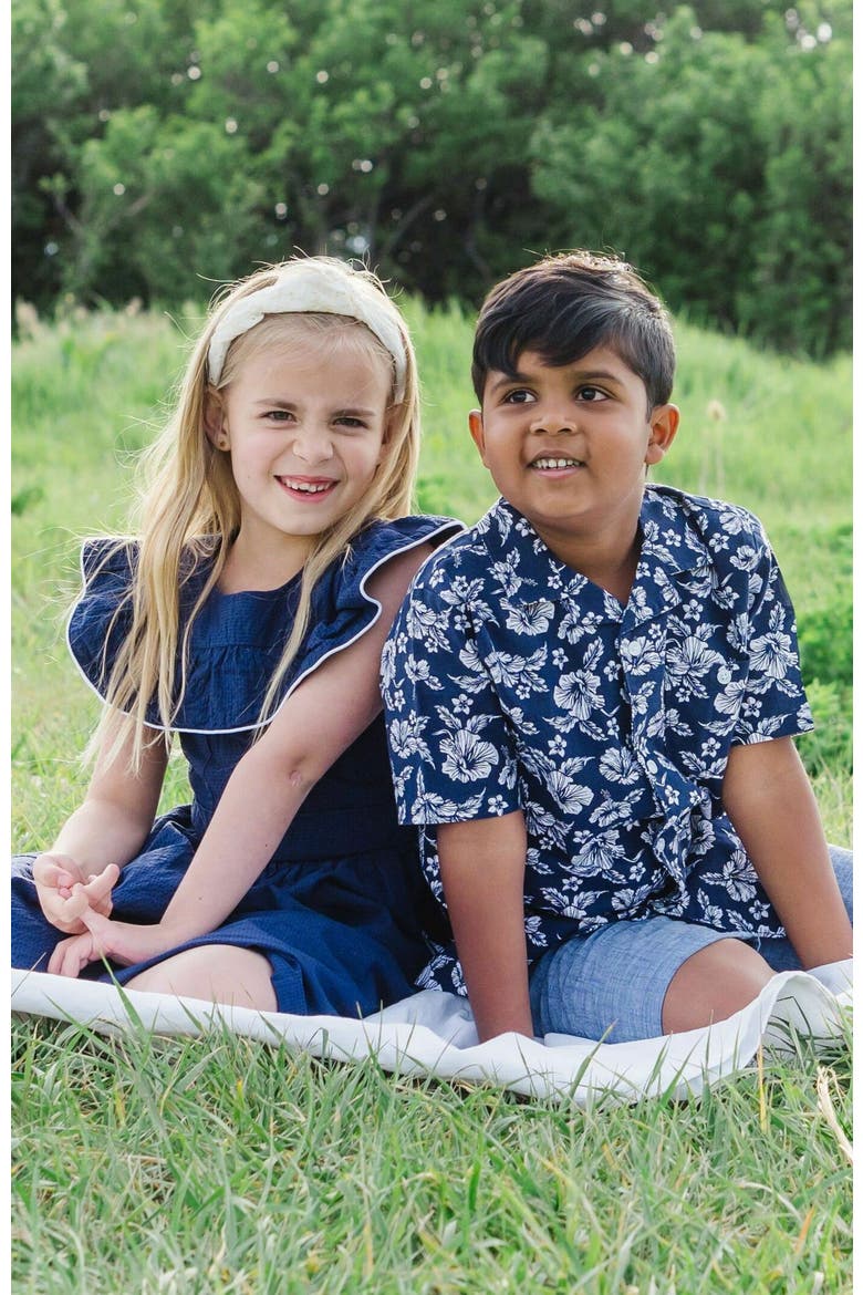 Boys' Linen Short Sleeve Camp Shirt, Kids, Alternate, color, Navy Hibiscus Linen