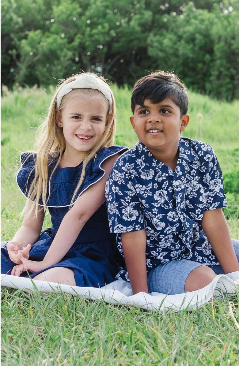 Hope & Henry Boys' Linen Short Sleeve Camp Shirt, Kids, Alternate, color, Navy Hibiscus Linen