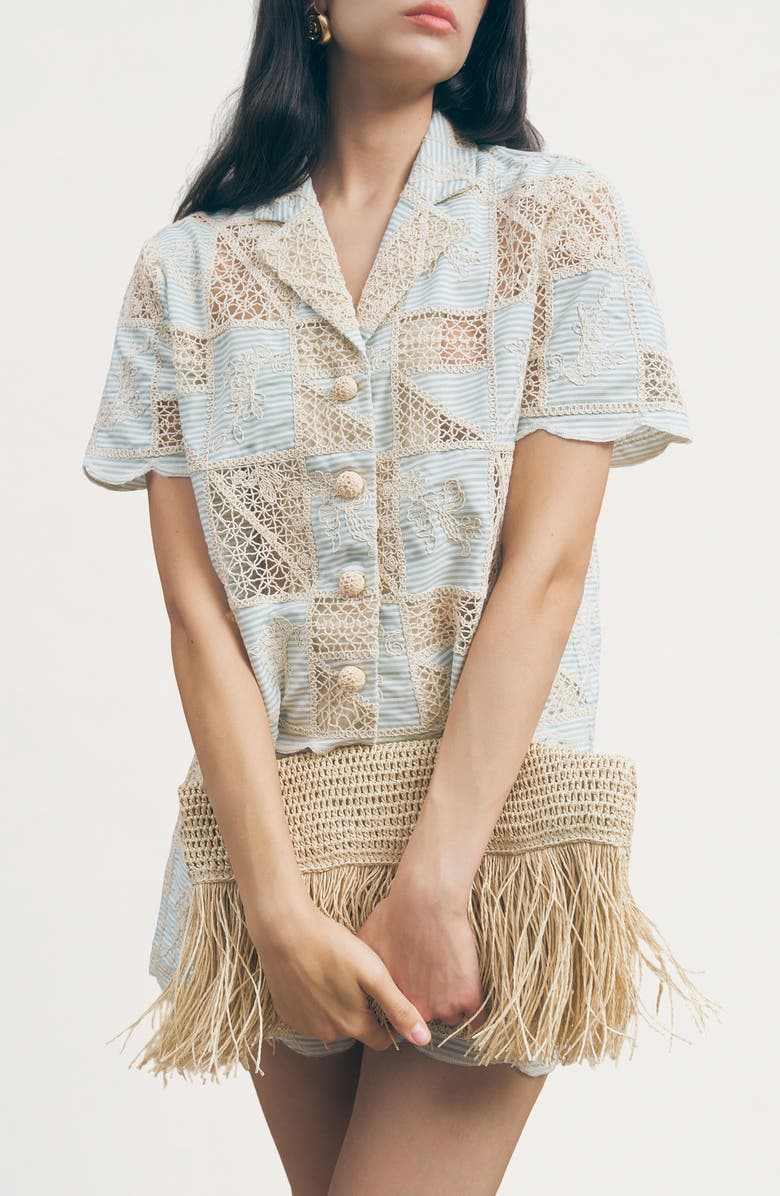 MAUDE CLUB Patchwork Crochet Button-Up Camp Collar Shirt, Alternate, color, Green Beige Multi