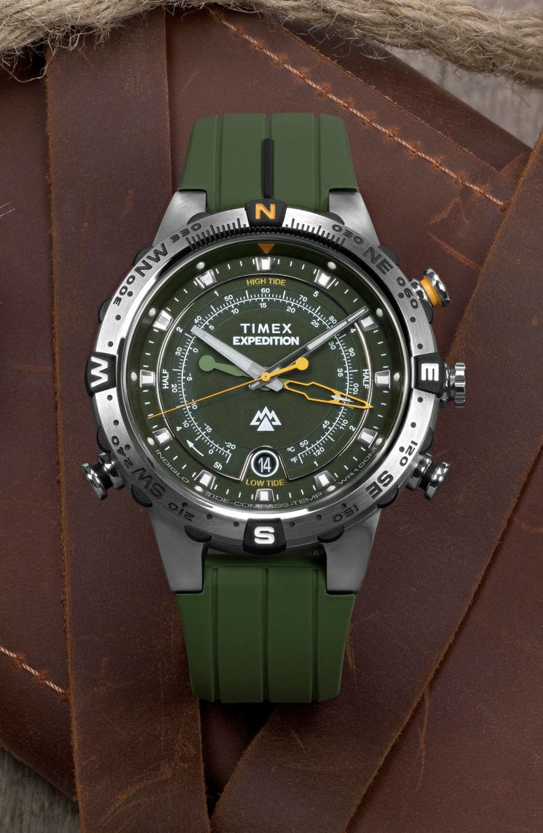 Timex<sup>®</sup> Expedition<sup>®</sup> Tide-Temp-Compass Silicone Strap Watch, 45mm, Alternate, color, Green