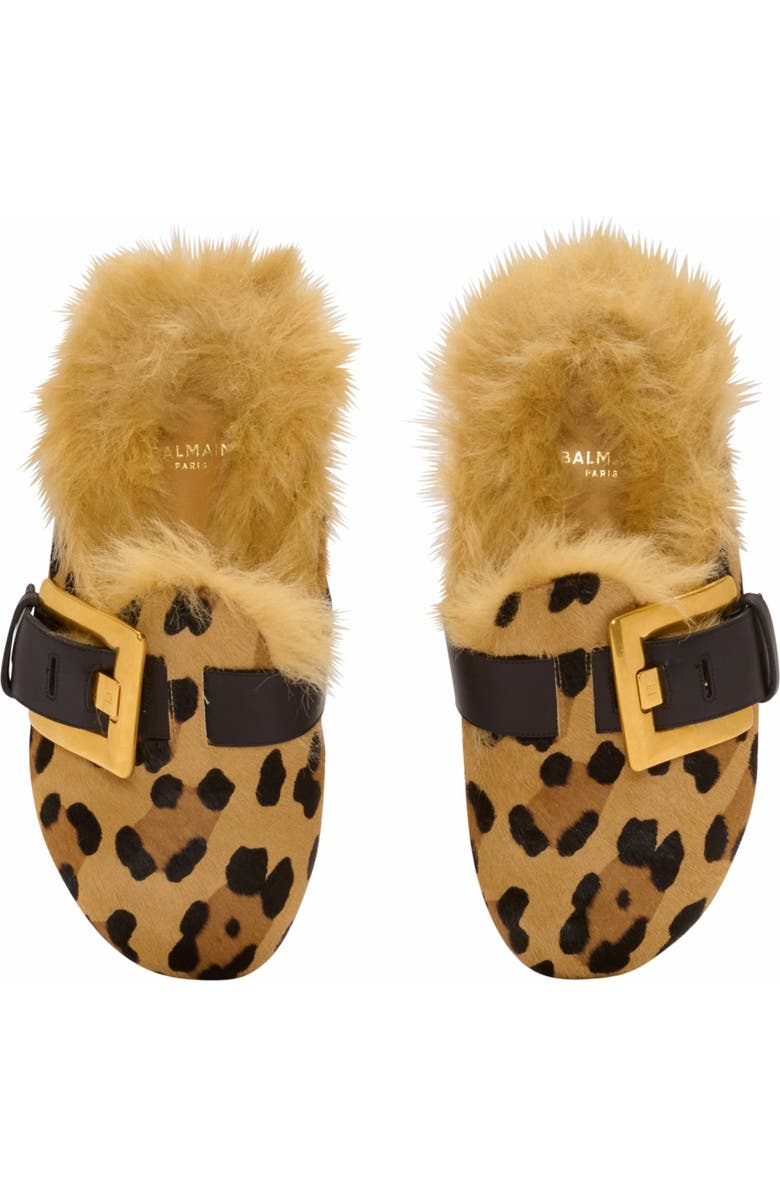Balmain Anthem Leopard Print Ponyskin Leather And Faux Fur Mules, Alternate, color,