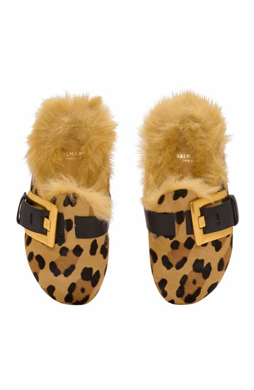 Balmain Anthem Leopard Print Ponyskin Leather And Faux Fur Mules In Brown