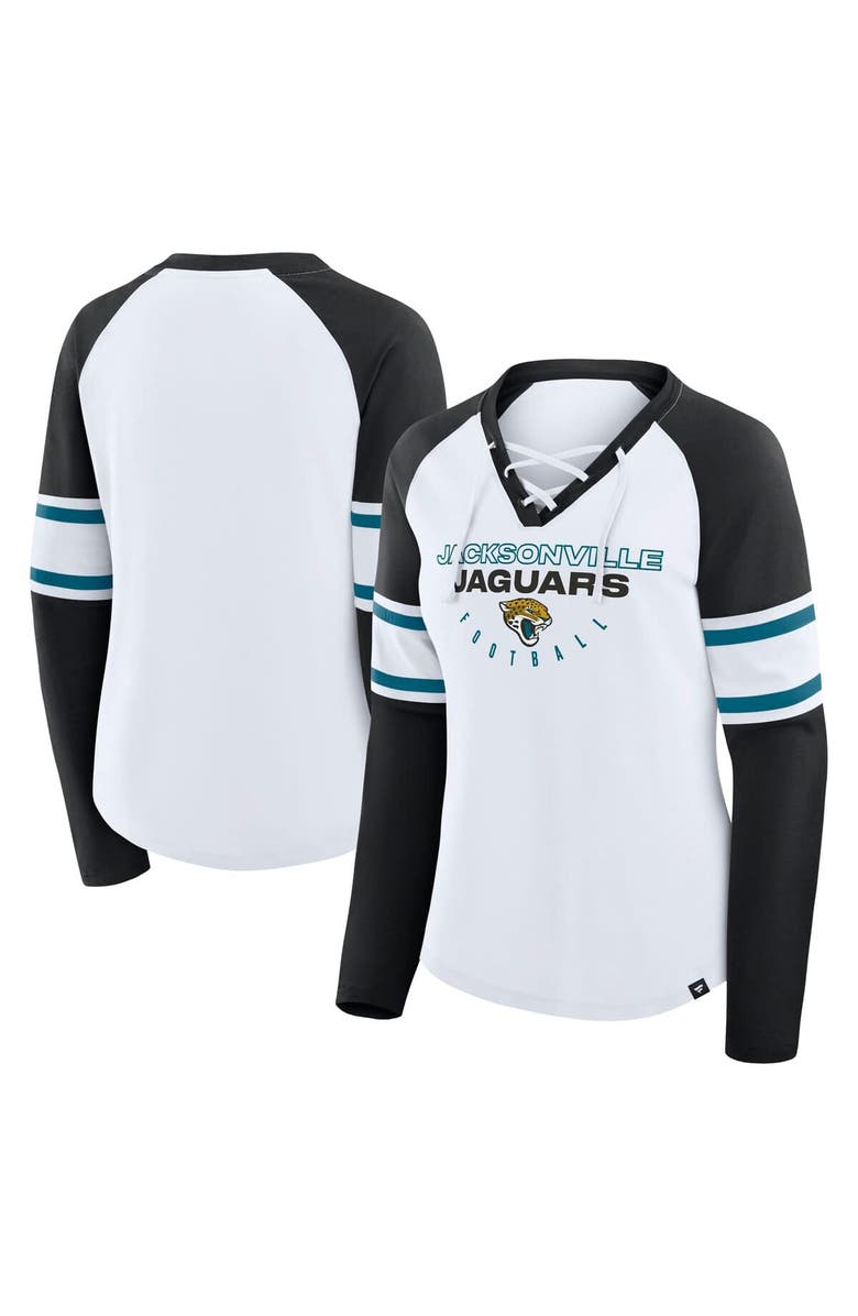 FANATICS Women's Fanatics White/Black Jacksonville Jaguars Redzone Blitz Package Raglan Lace-Up V-Neck Long Sleeve T-Shirt, Main, color, White