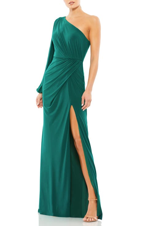 One-Shoulder Puff Sleeve Jersey Gown with Draped Waist and Thigh-High Slit
