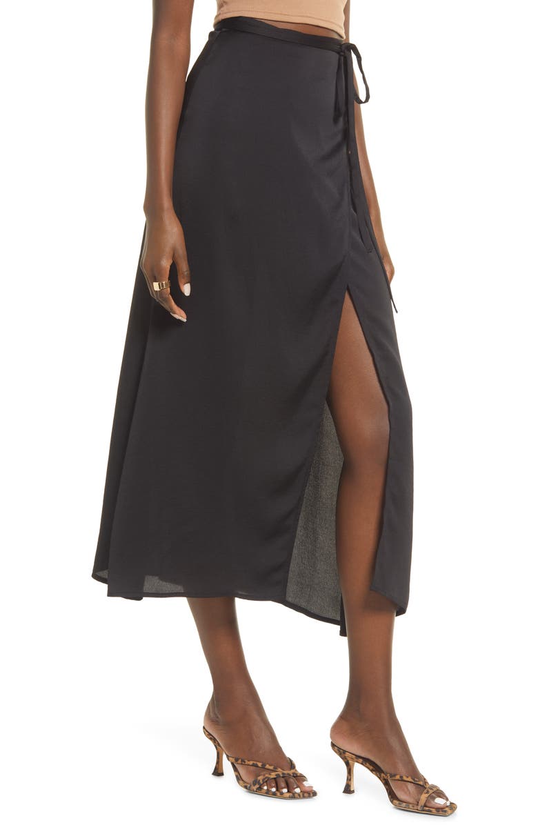 Open Edit Satin Wrap Skirt, Alternate, color, Black
