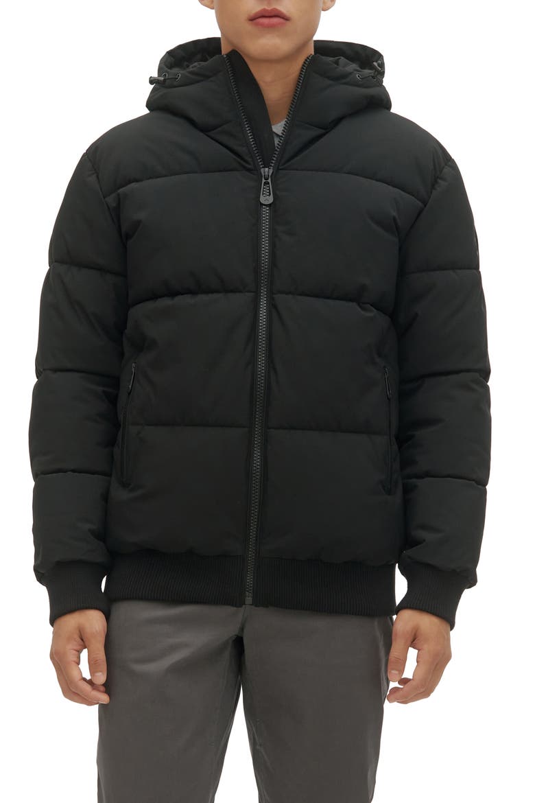 Gunnar Hooded Puffer Bomber Jacket, Main, color, BLACK