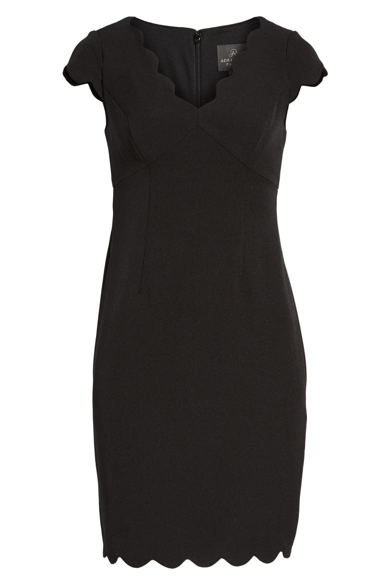 Scalloped Crepe Sheath Dress, Alternate, color, BLACK