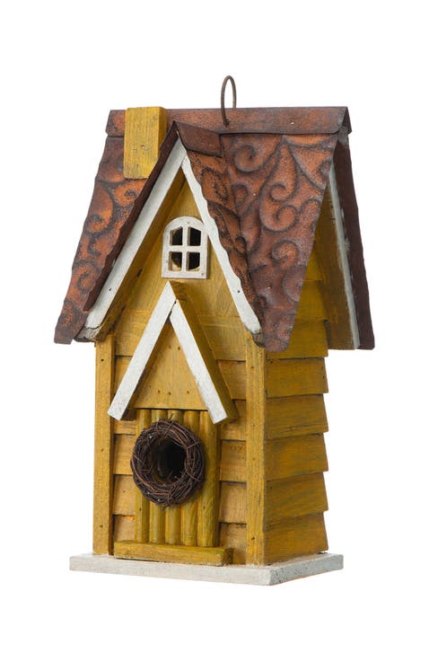 12"H Retro Distressed Painted Solid Wood Cottage Birdhouse