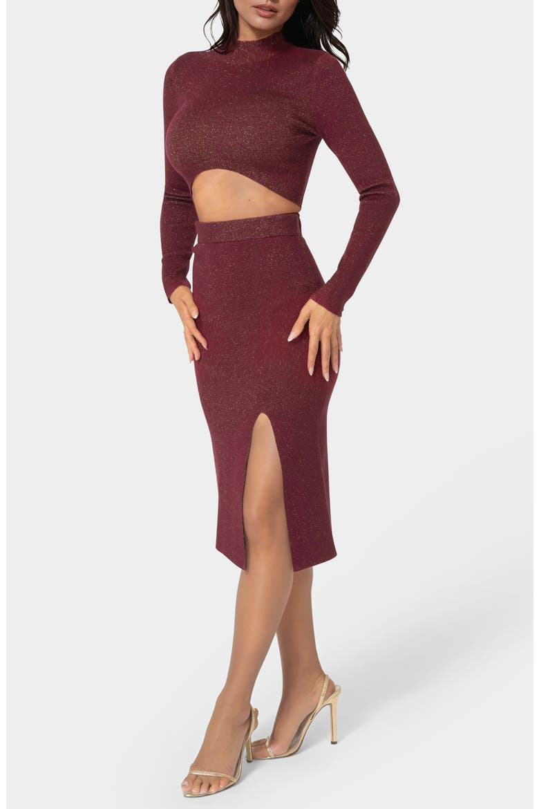 Lurex Rib Knit Long Sleeve Top & Skirt Set, Alternate, color, MERLOT