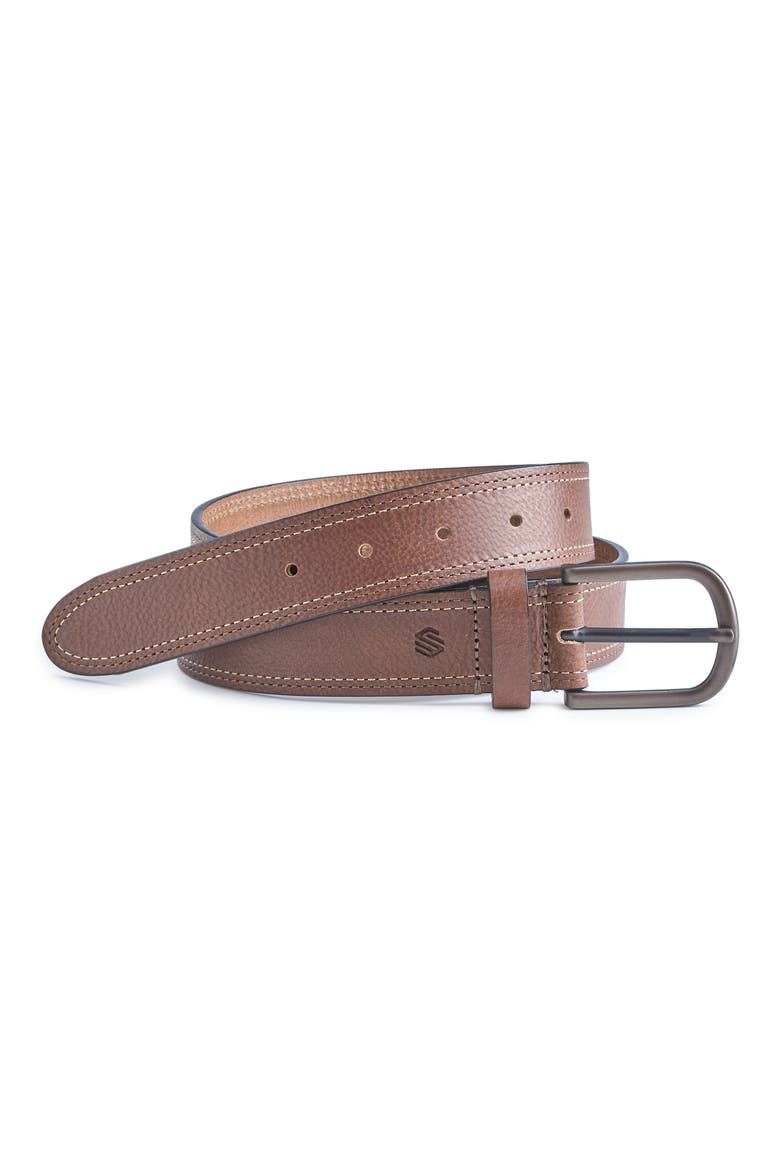 Double Contrast Stitched Leather Belt, Main, color, TAN