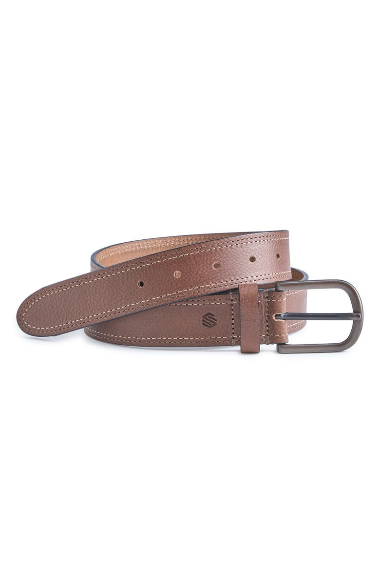 Johnston & Murphy Double Contrast Stitched Leather Belt, Main, color, Tan